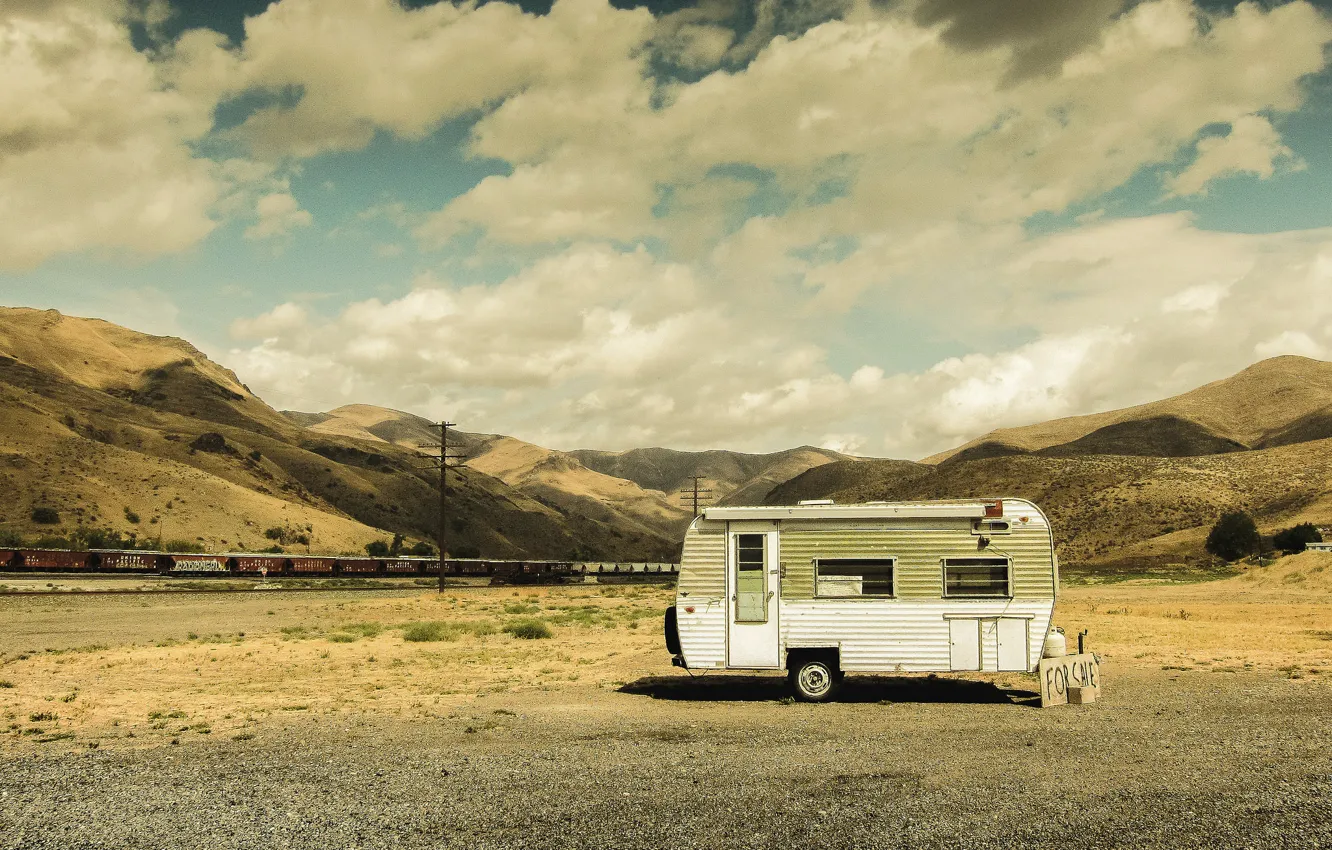 Photo wallpaper the sky, clouds, hills, train, shadow, railroad, caravan, power lines