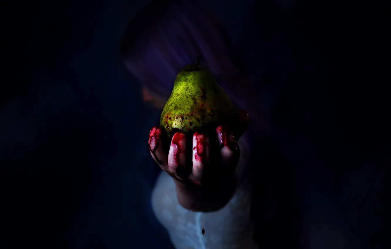 Photo wallpaper girl, blood, hands, fingers, pear