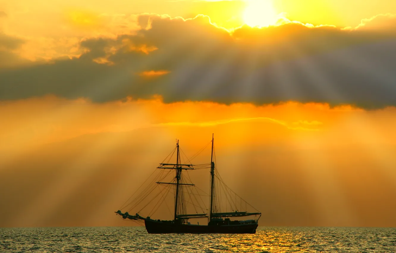 Photo wallpaper sea, light, sunset, sailboat, the evening