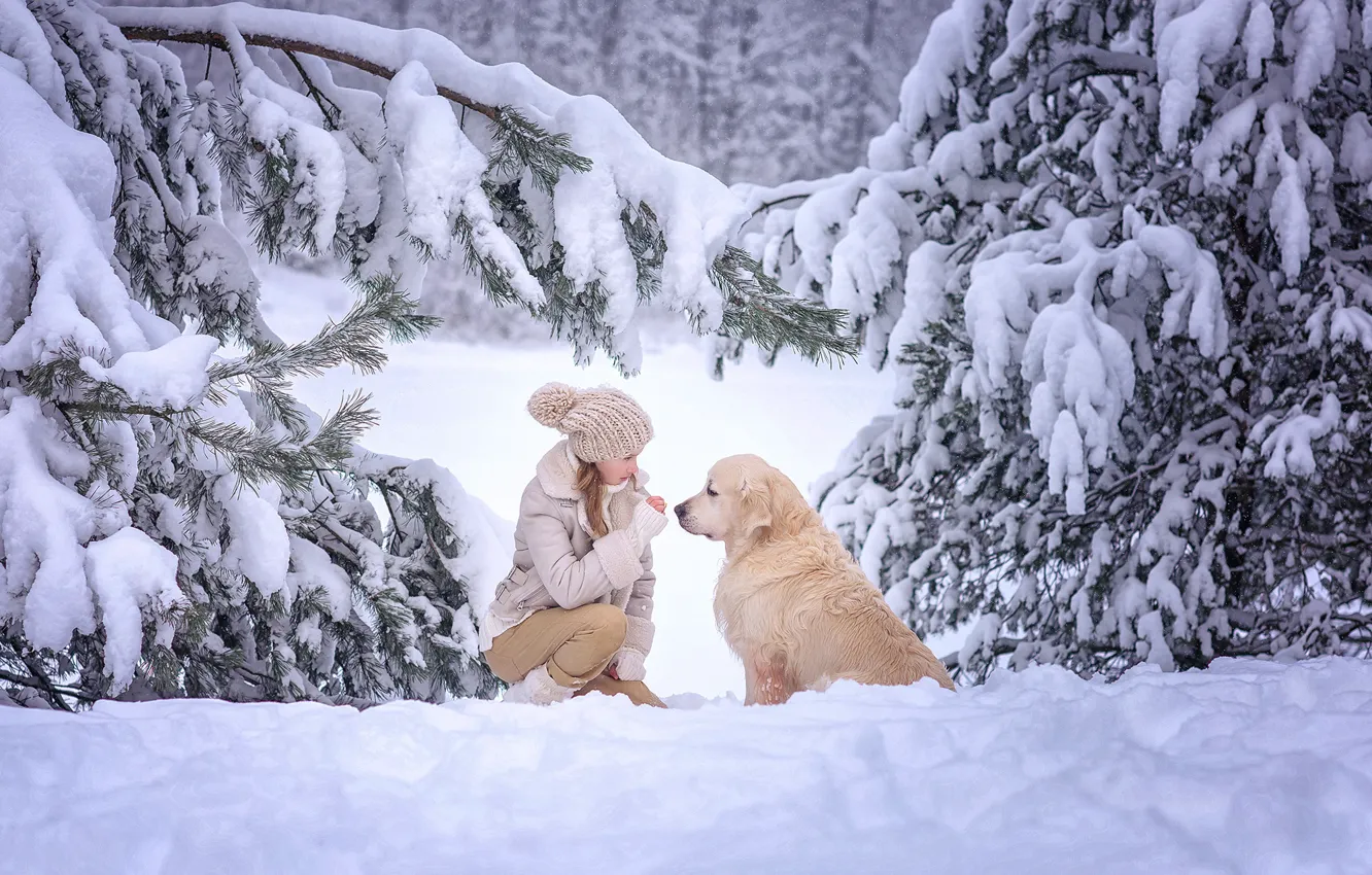 Photo wallpaper winter, girl, snow, trees, nature, dog, ate, dog