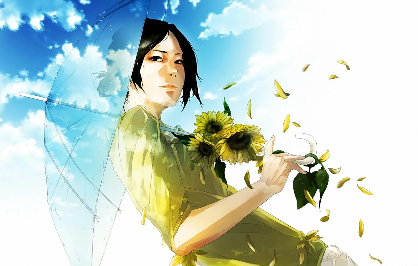 Photo wallpaper girl, flowers, umbrella, art, re°