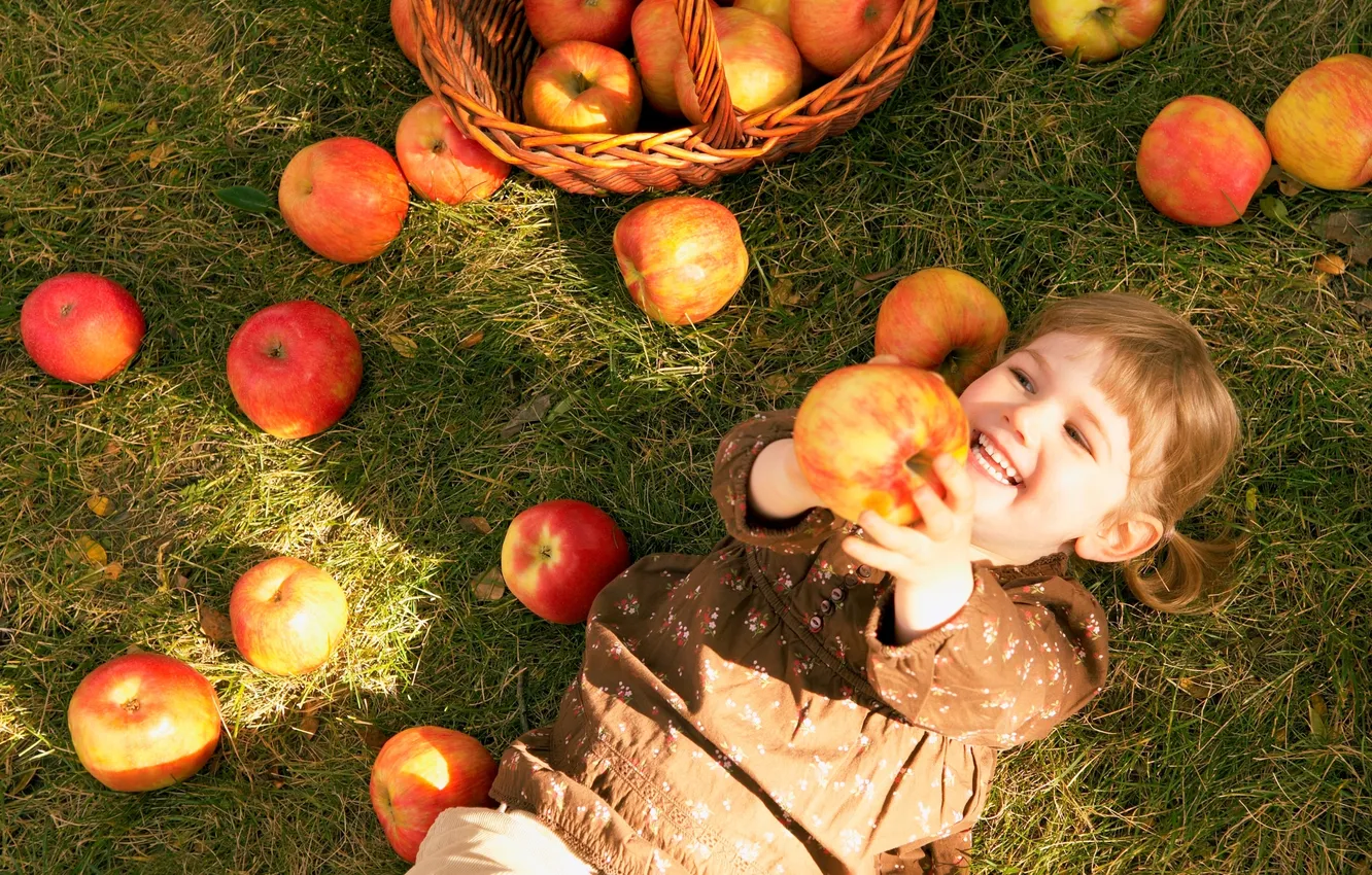 Photo wallpaper autumn, grass, children, basket, apples, small, girl