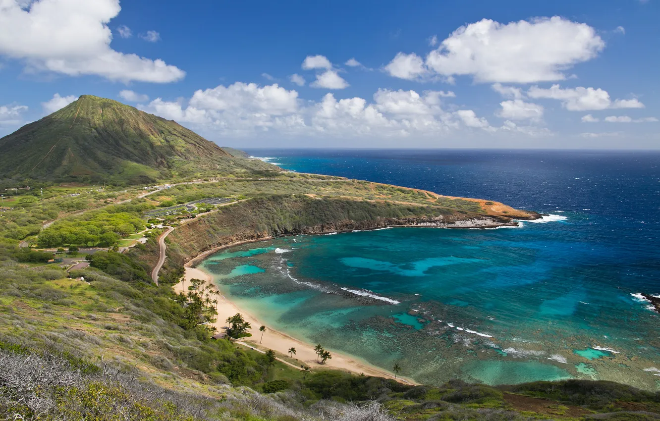 Photo wallpaper coast, mountain, Hawaii, the island of Oahu, Hawai, Hanauma Bay, Hanauma Bay, Oʻahu Island