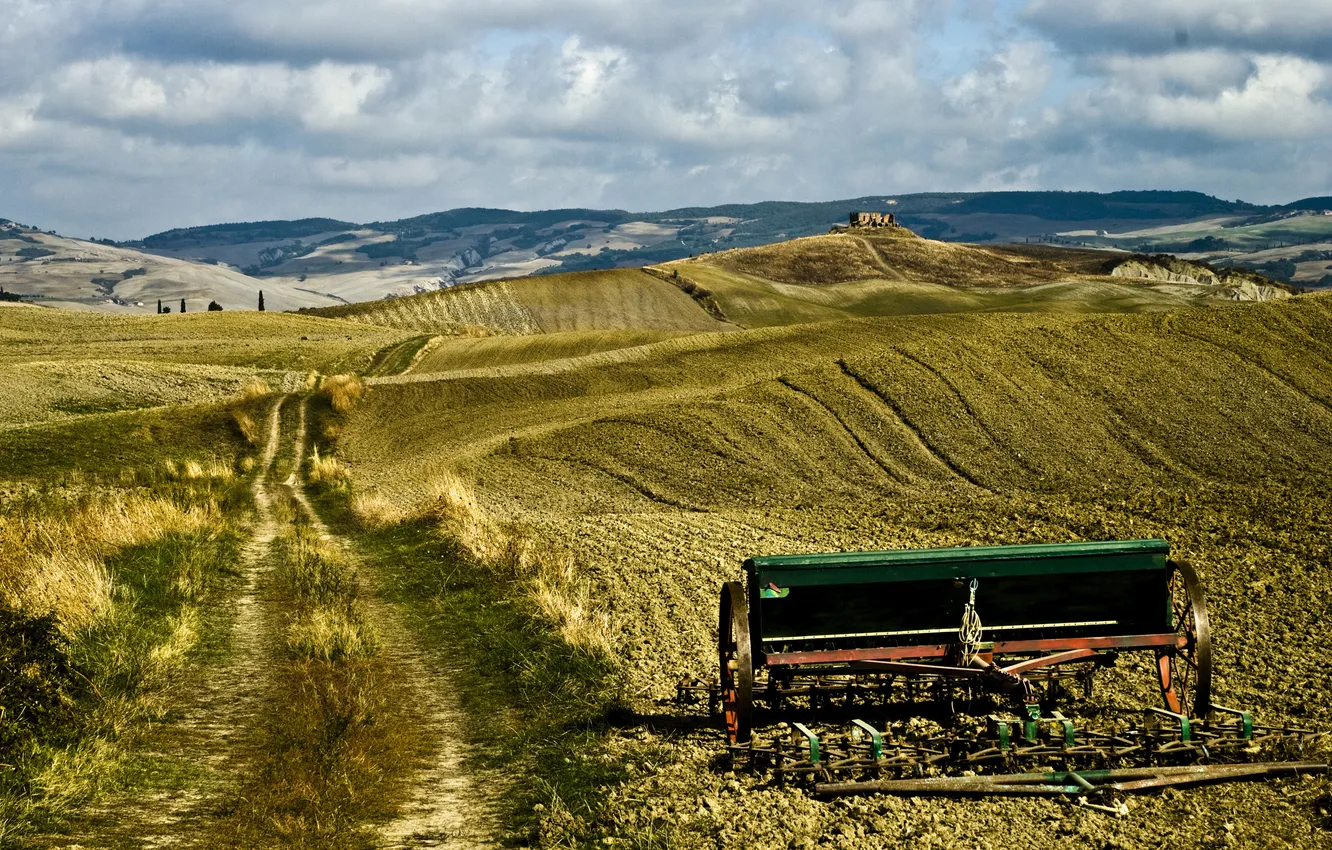 Photo wallpaper road, field, hills, harvest