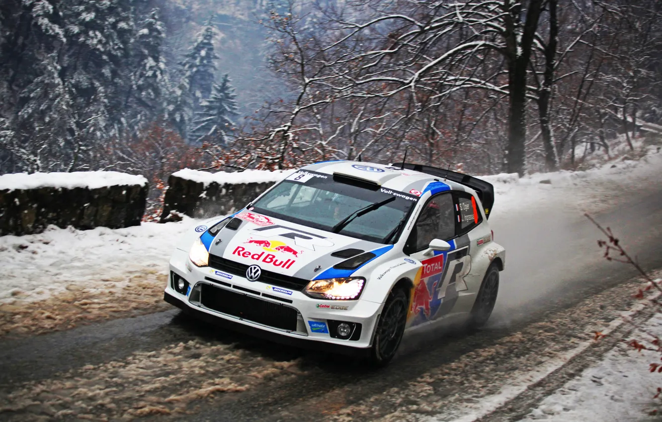 Photo wallpaper road, Winter, Auto, Snow, Volkswagen, Lights, WRC, Rally