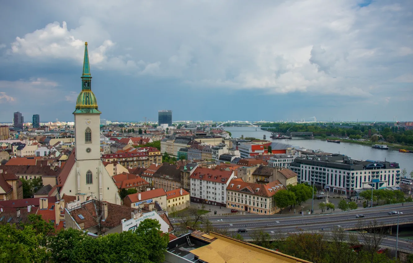 Photo wallpaper river, building, roof, panorama, Slovakia, Bratislava