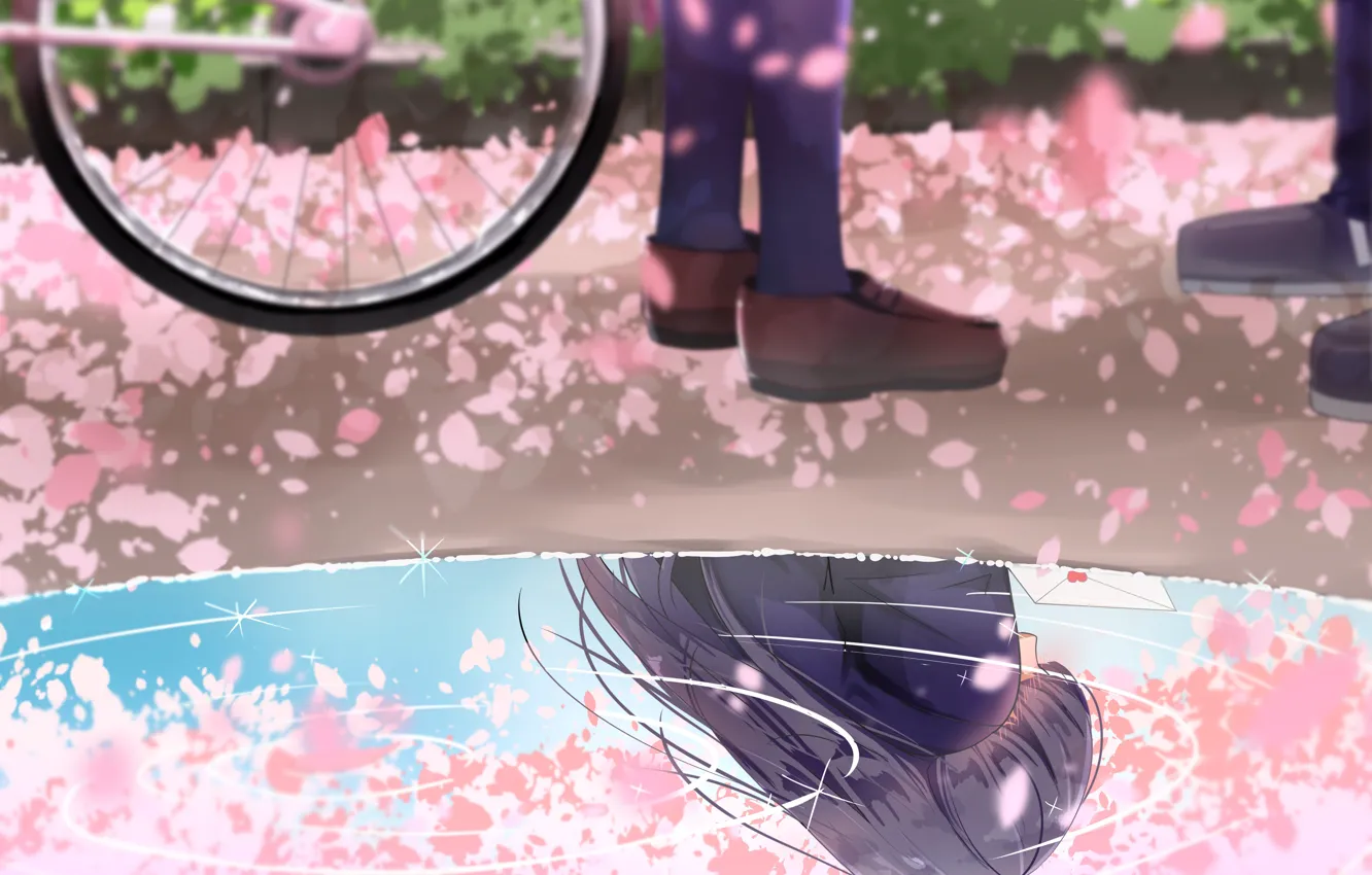 Photo wallpaper girl, reflection, spring, puddle, guy, love letter
