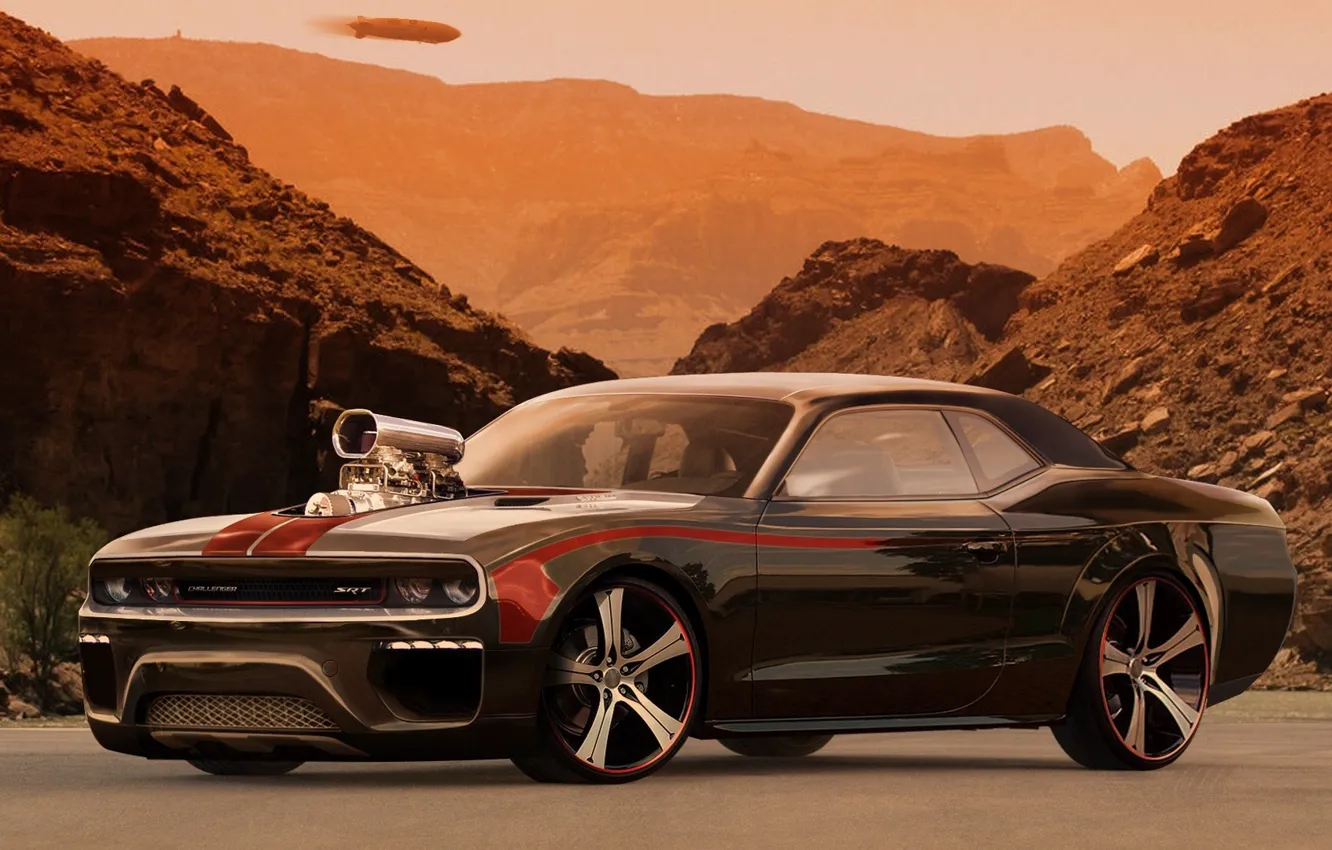 Photo wallpaper auto, mountains, desert, tuning, Moto, power, supercharger, dodge