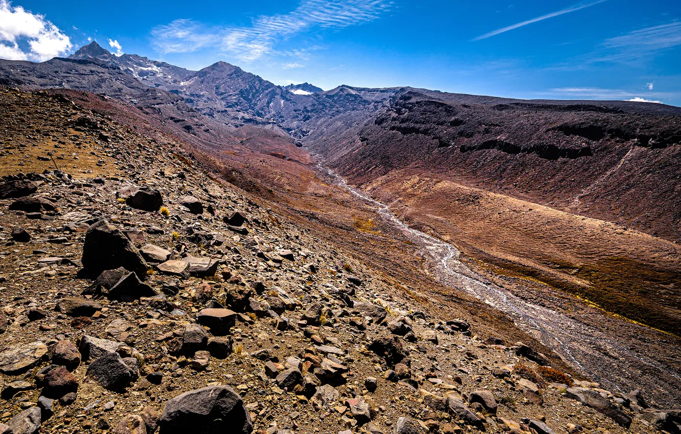 Photo wallpaper mountains, nature, river, stones, New Zealand, Wahianoa