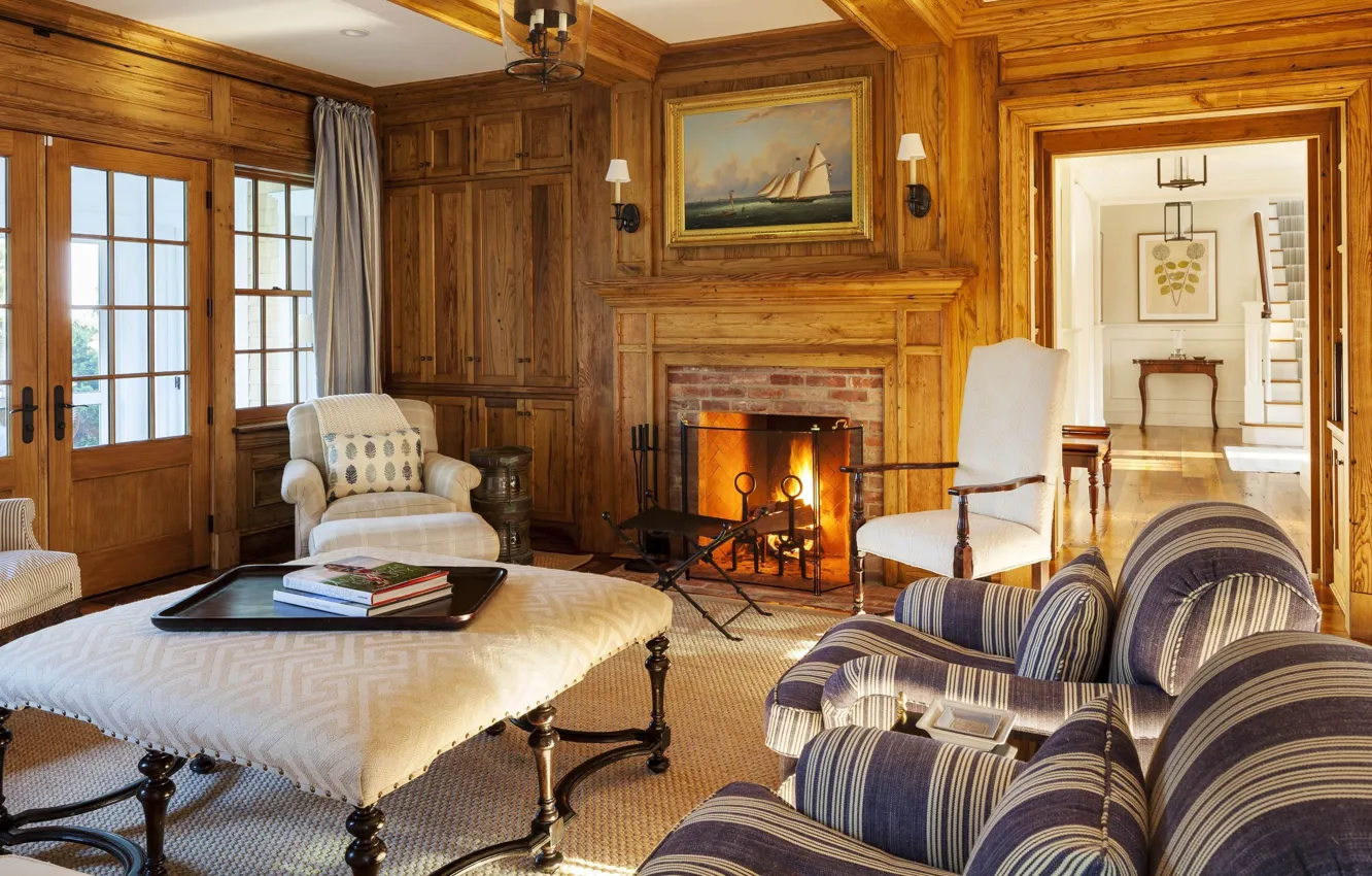 Photo wallpaper interior, fireplace, English style, hearth home, living room design