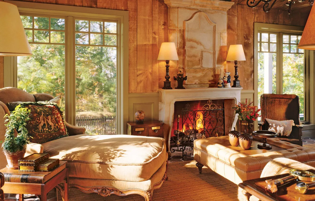 Photo wallpaper room, style, interior, warm colors, living room, fireplace, design