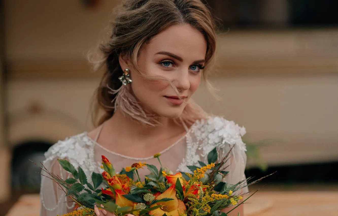 Photo wallpaper look, portrait, bouquet, Julia Day