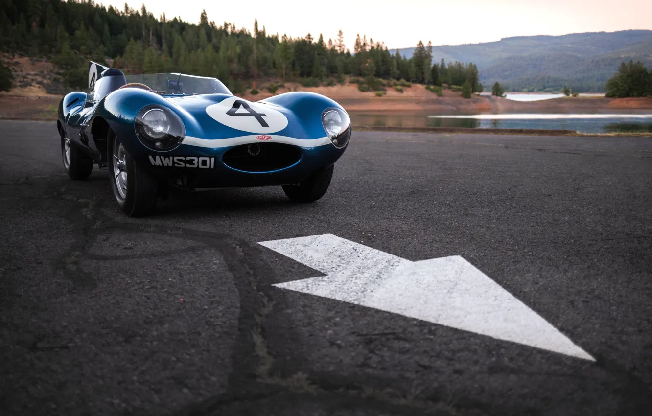 Photo wallpaper asphalt, lake, car, Race car, Jaguar D-Type