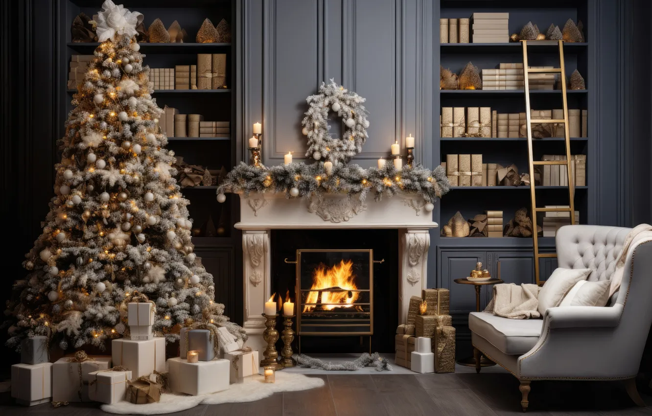 Photo wallpaper room, tree, new year, interior, Christmas, fireplace, Christmas, view