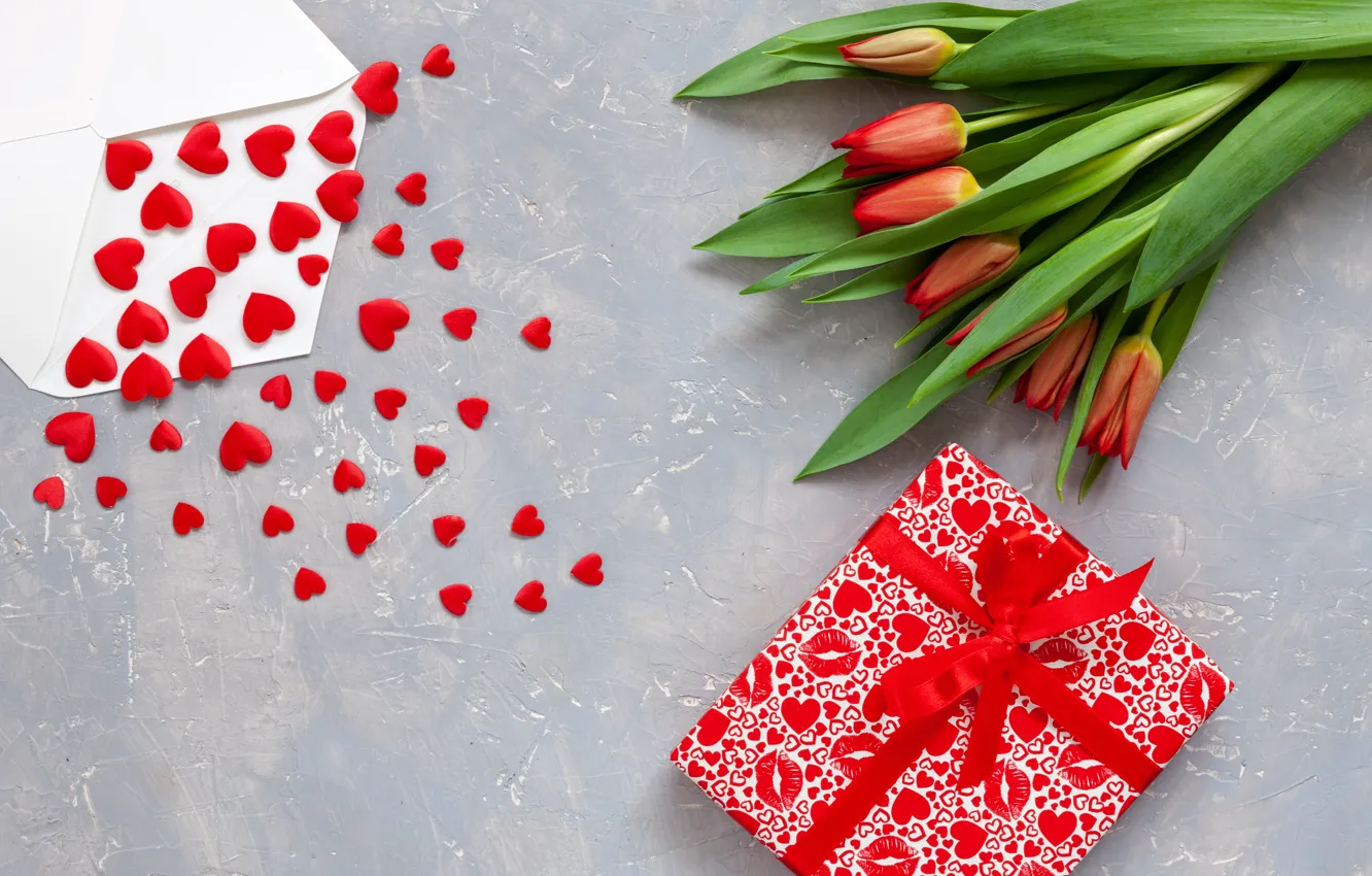 Photo wallpaper love, gifts, hearts, tulips, red, love, romantic, hearts