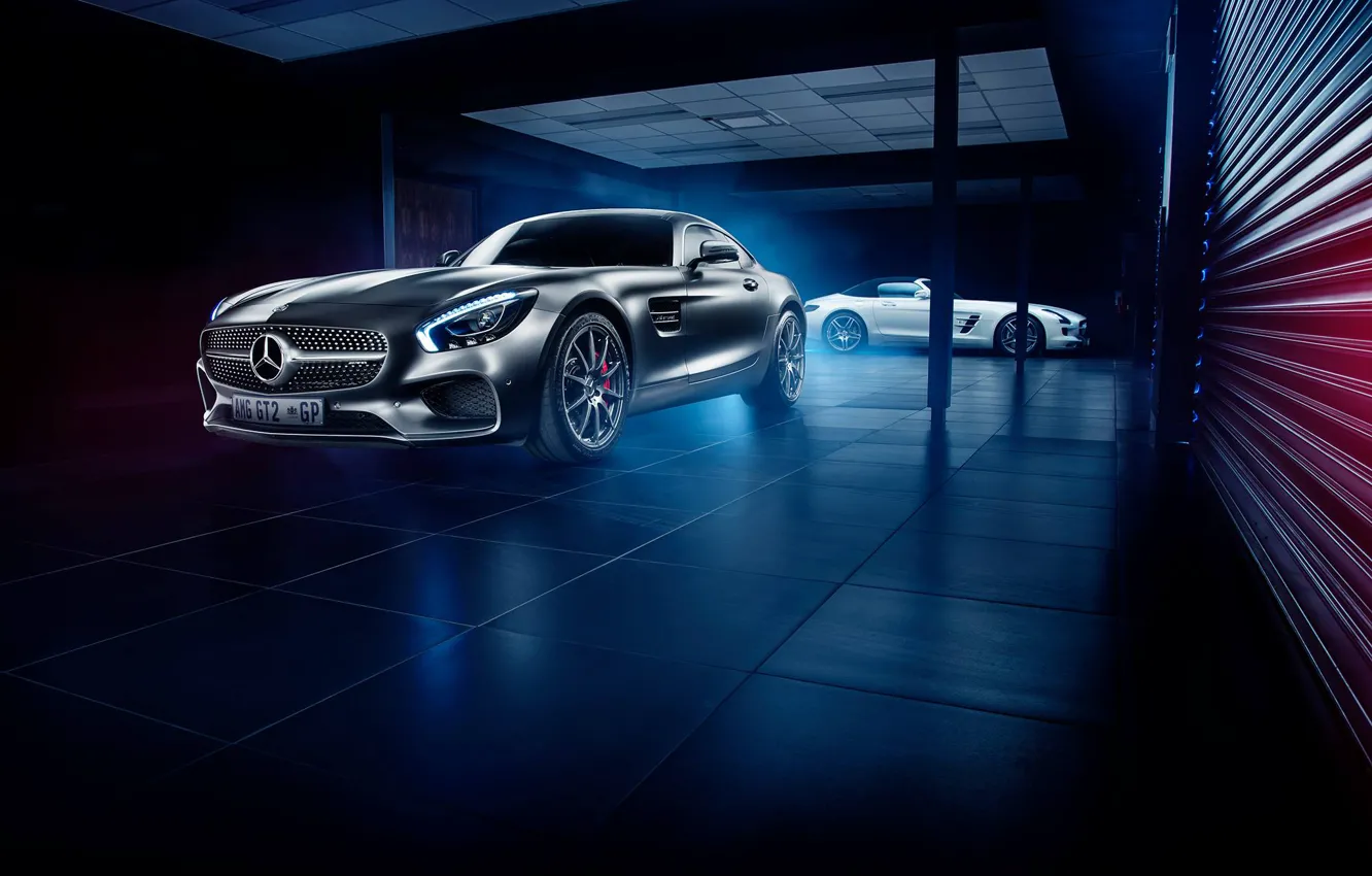 Photo wallpaper Roadster, Mercedes-Benz, Front, AMG, SLS, White, Grey, Side