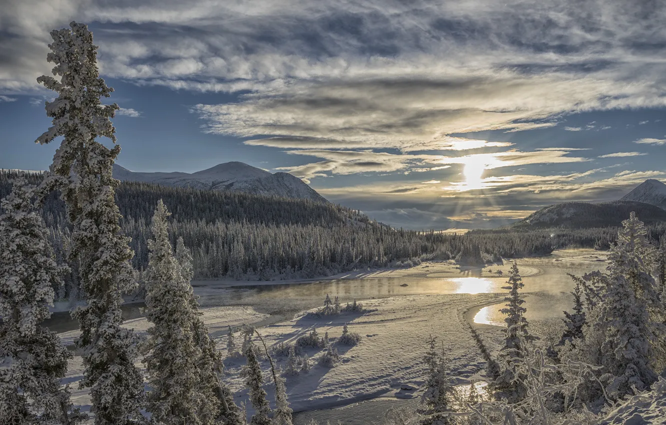 Photo wallpaper winter, the sky, trees, landscape, sunset, mountains, nature, river