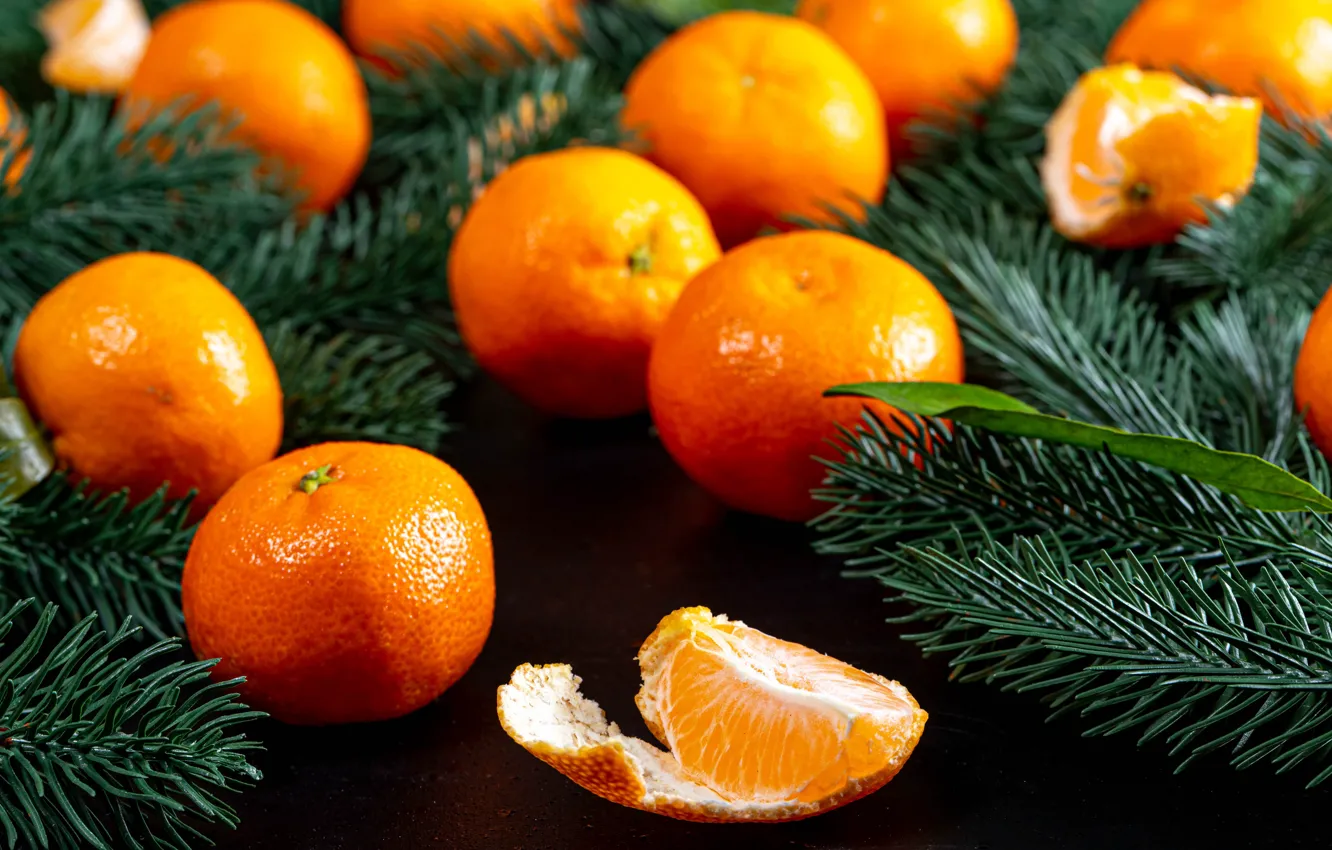 Photo wallpaper new year, Christmas, tangerines, spruce branches