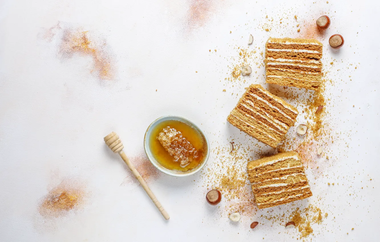 Photo wallpaper cell, honey, cake, bowl, nuts, placer, light background, dessert