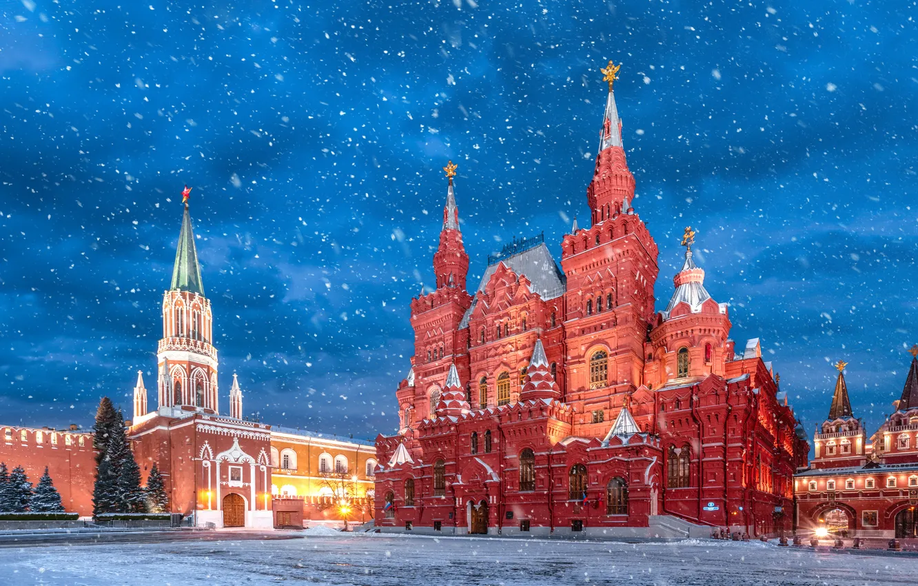 Photo wallpaper snow, the building, tower, area, Moscow, Russia, Red square, architecture