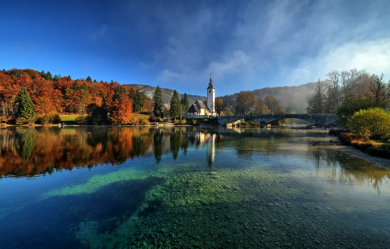 Photo wallpaper autumn, trees, landscape, bridge, nature, lake, Church, Slovenia