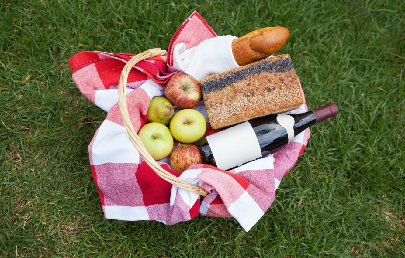 Photo wallpaper grass, wine, basket, apples, bottle, bread, fruit, picnic