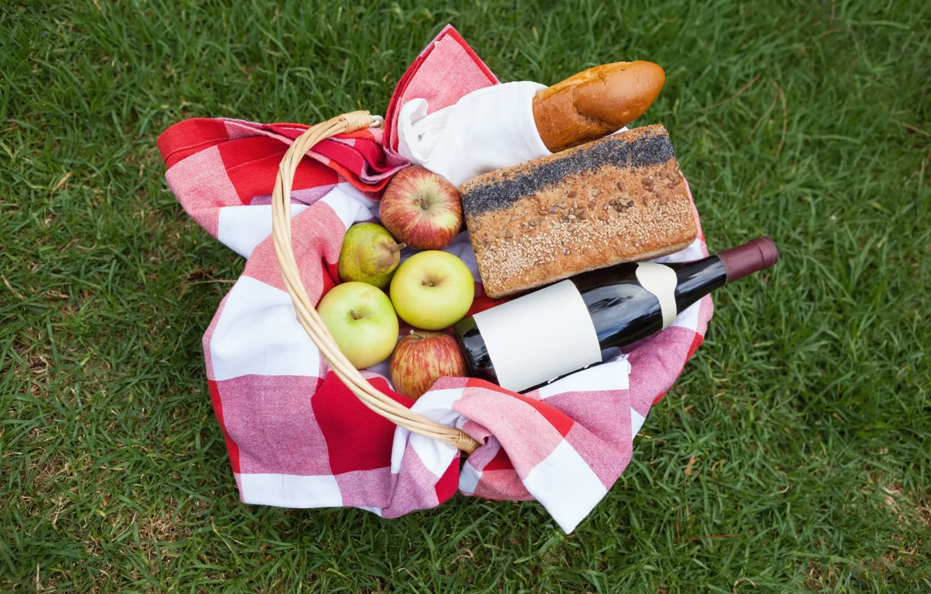 Photo wallpaper grass, wine, basket, apples, bottle, bread, pear, fruit