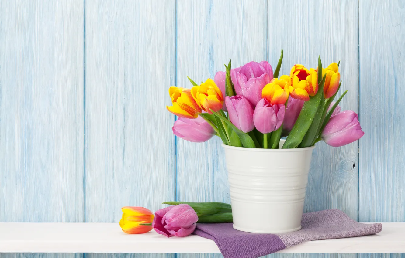 Photo wallpaper flowers, bouquet, colorful, tulips, wood, pink, flowers, tulips