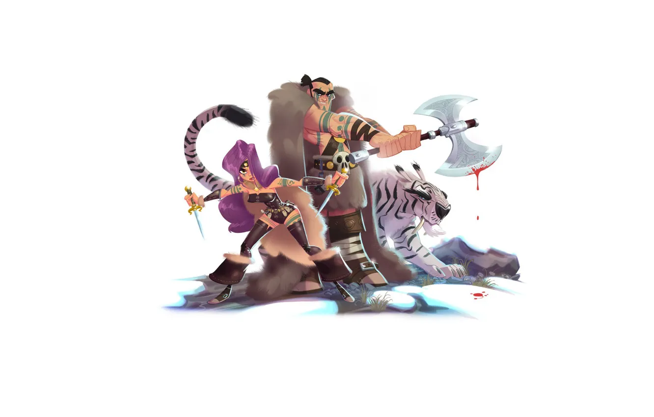 Photo wallpaper tiger, axe, warriors, Barbara