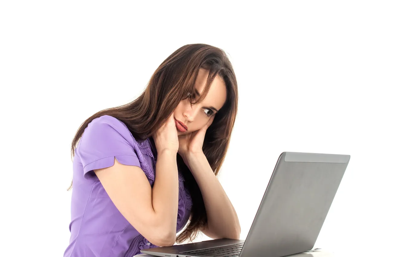 Photo wallpaper girl, hair, laptop, brown hair