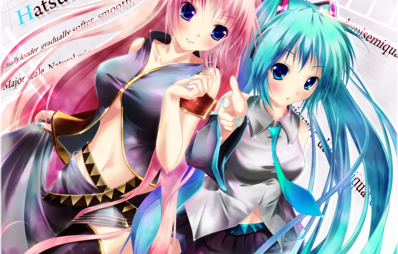 Photo wallpaper girls, headphones, art, vocaloid, hatsune miku, megurine luka, Vocaloid, Nironiro