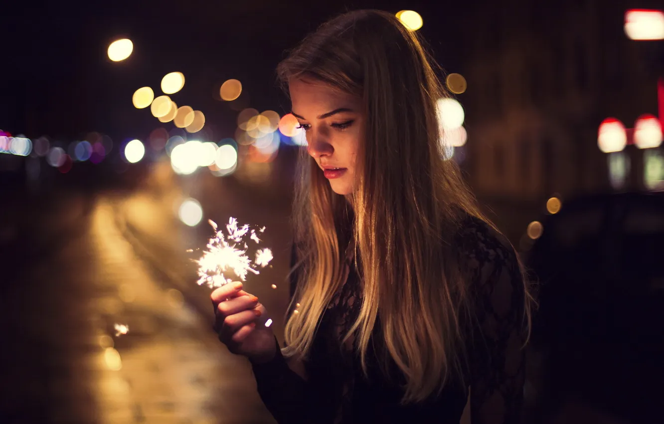 Photo wallpaper girl, street, lights
