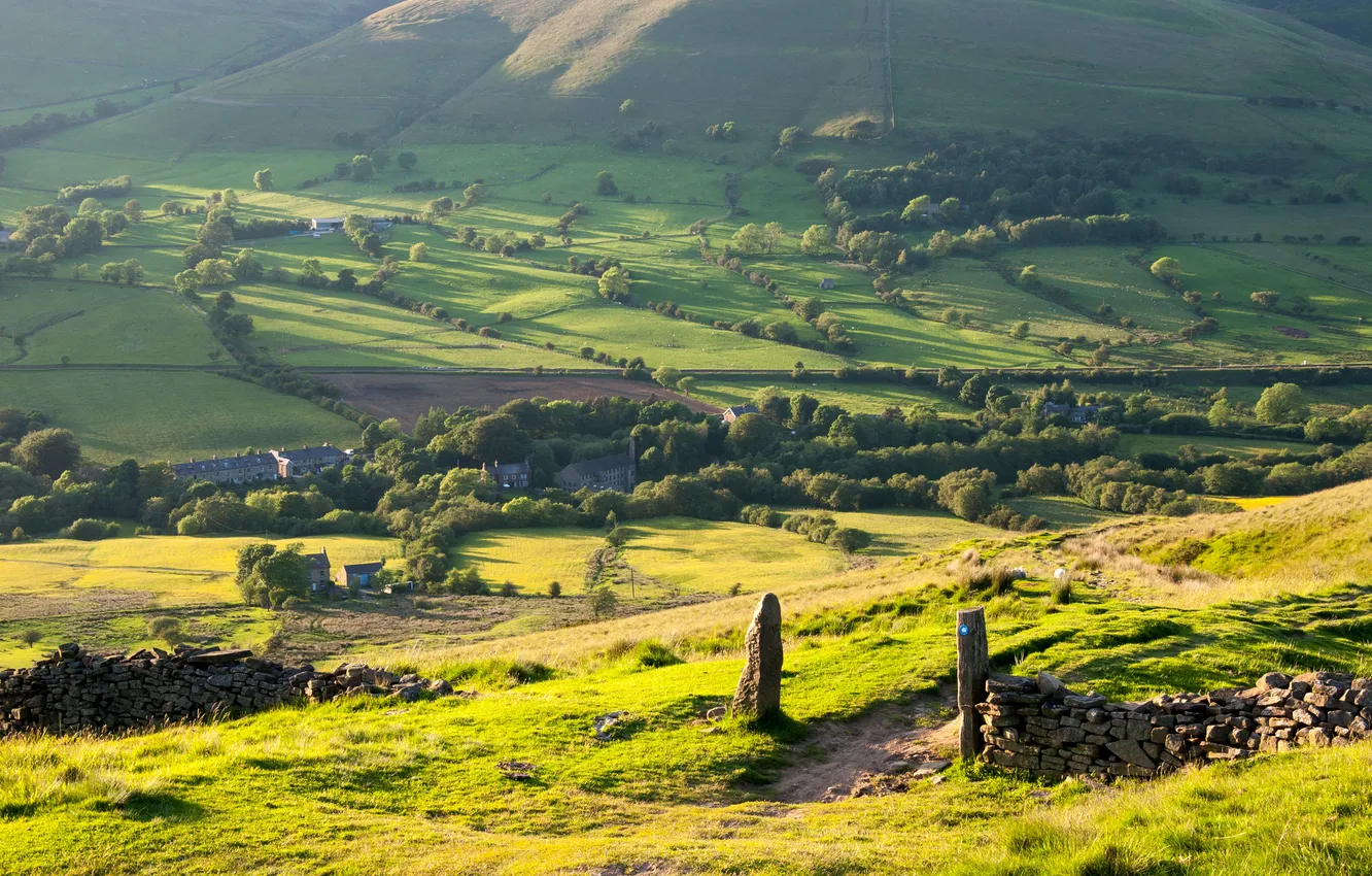 Photo wallpaper road, grass, mountains, the fence, home, gate, slope