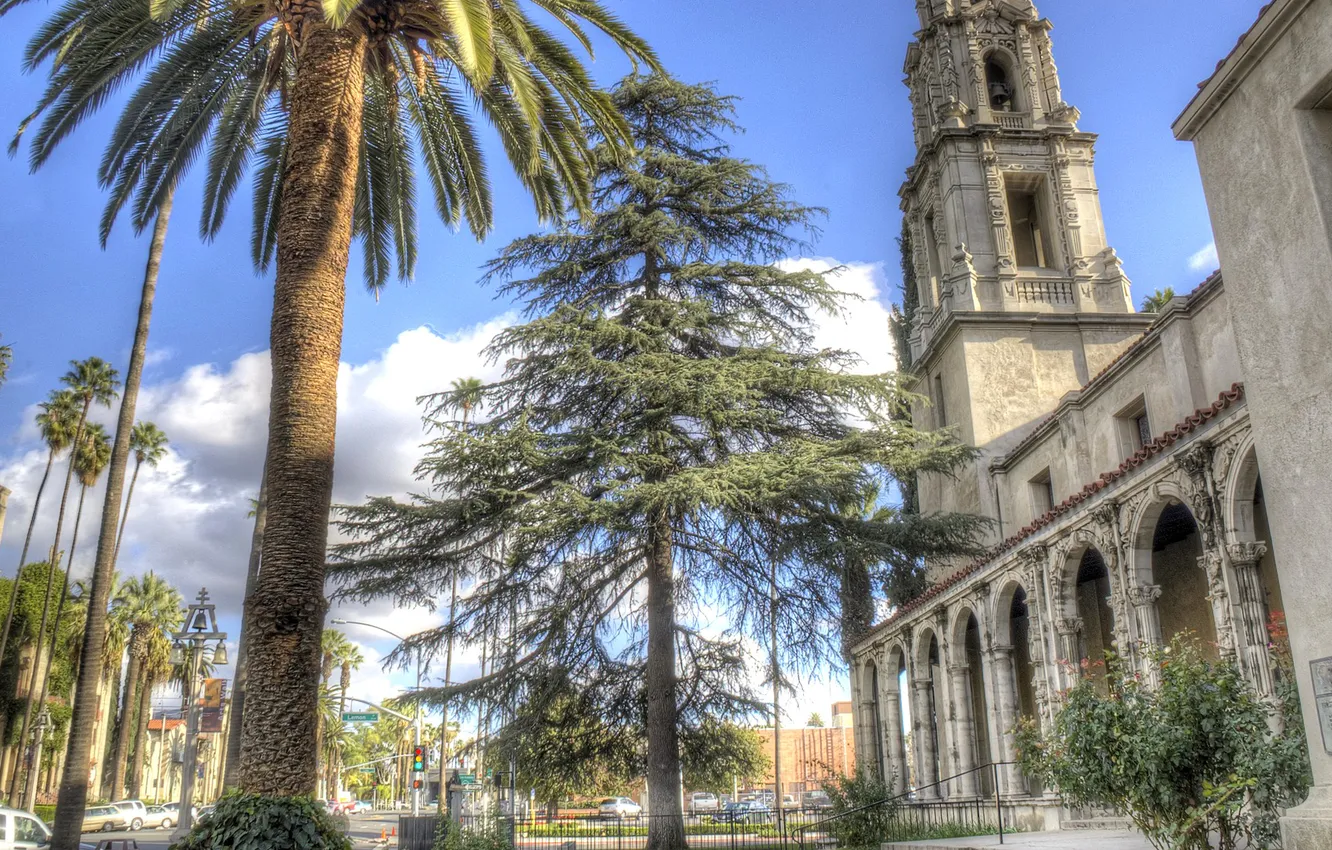 Photo wallpaper the sky, clouds, trees, landscape, palm trees, home, Church, the bell tower
