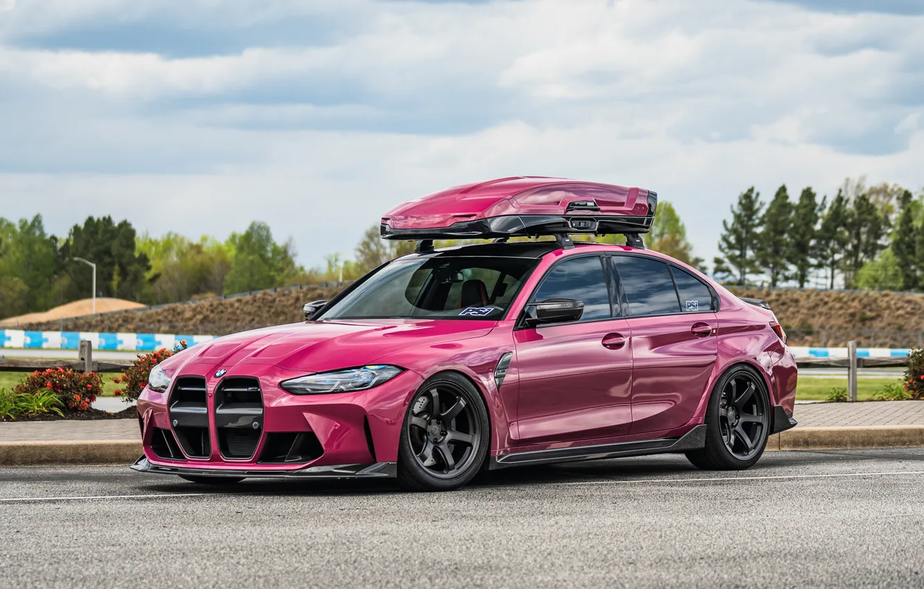 Photo wallpaper BMW, Road, Trees, BMW M3, Pink, Stance