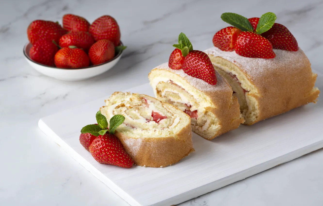 Photo wallpaper berries, table, strawberry, light background, mint, dessert, saucer, cakes