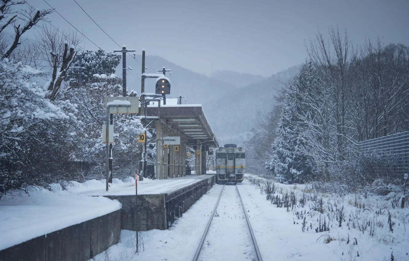 Photo wallpaper Winter, Japan, Station, Train, Railroad, Landscape