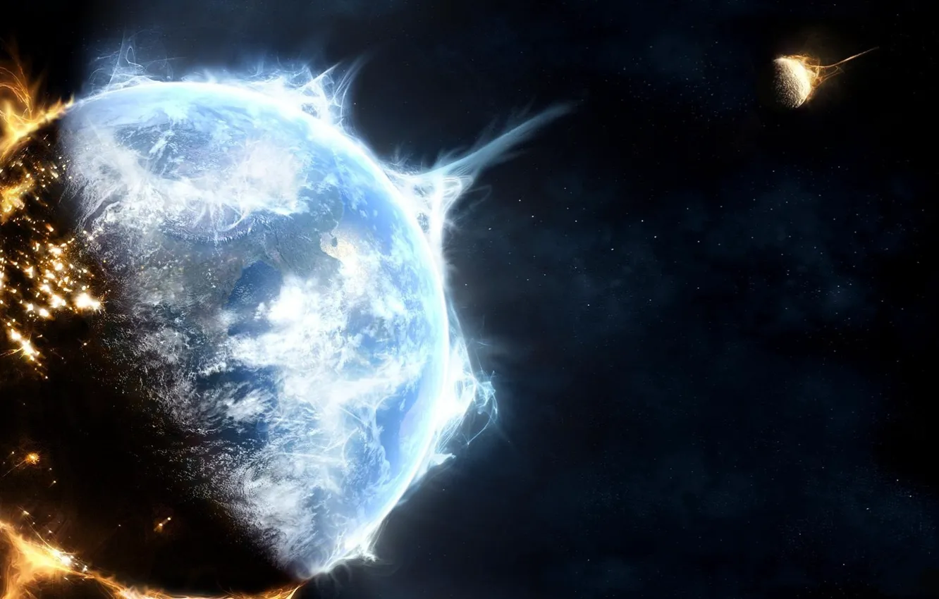 Photo wallpaper space, stars, planet, the atmosphere