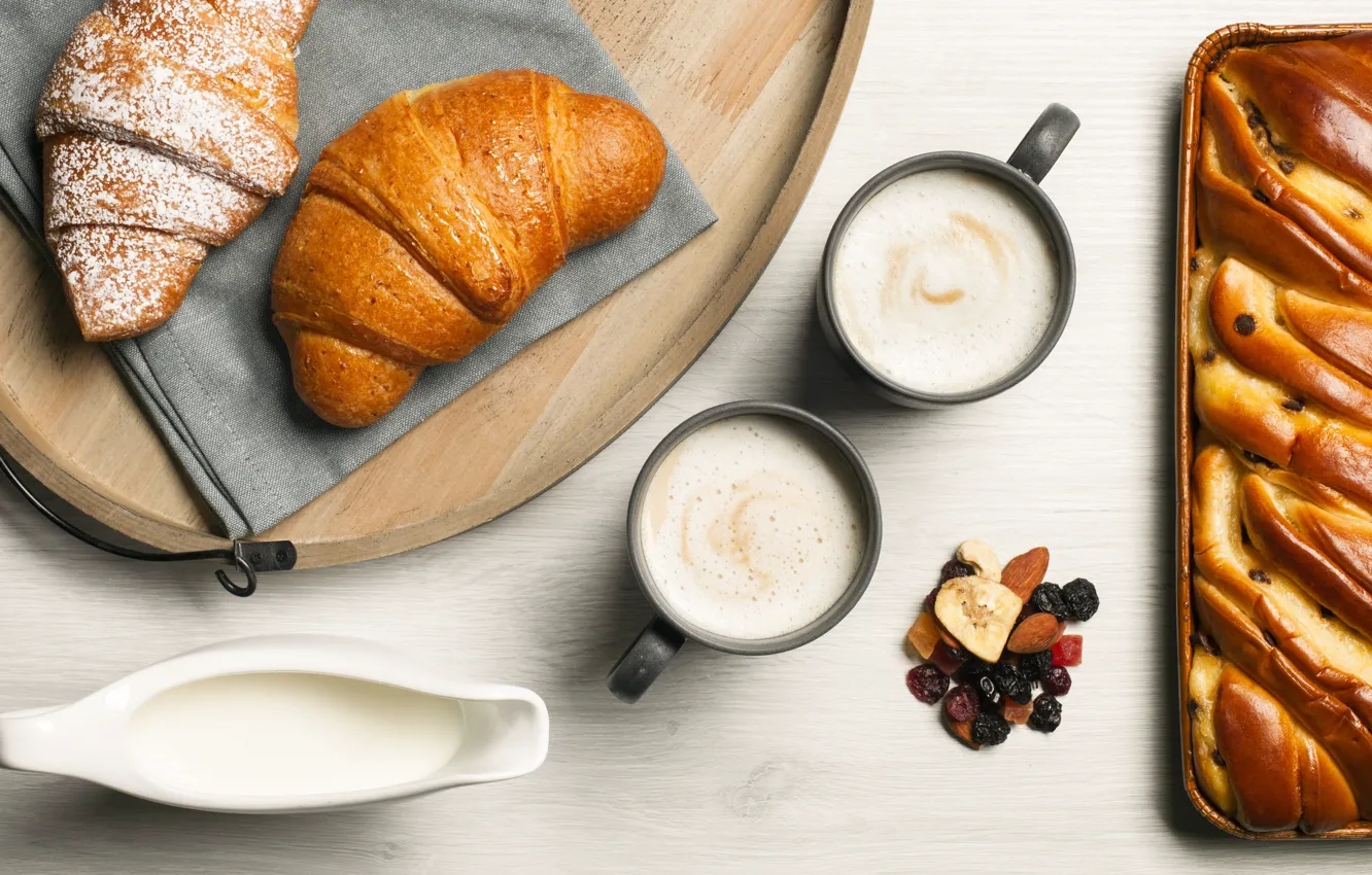 Photo wallpaper coffee, cappuccino, cakes, foam, dried fruits, croissants