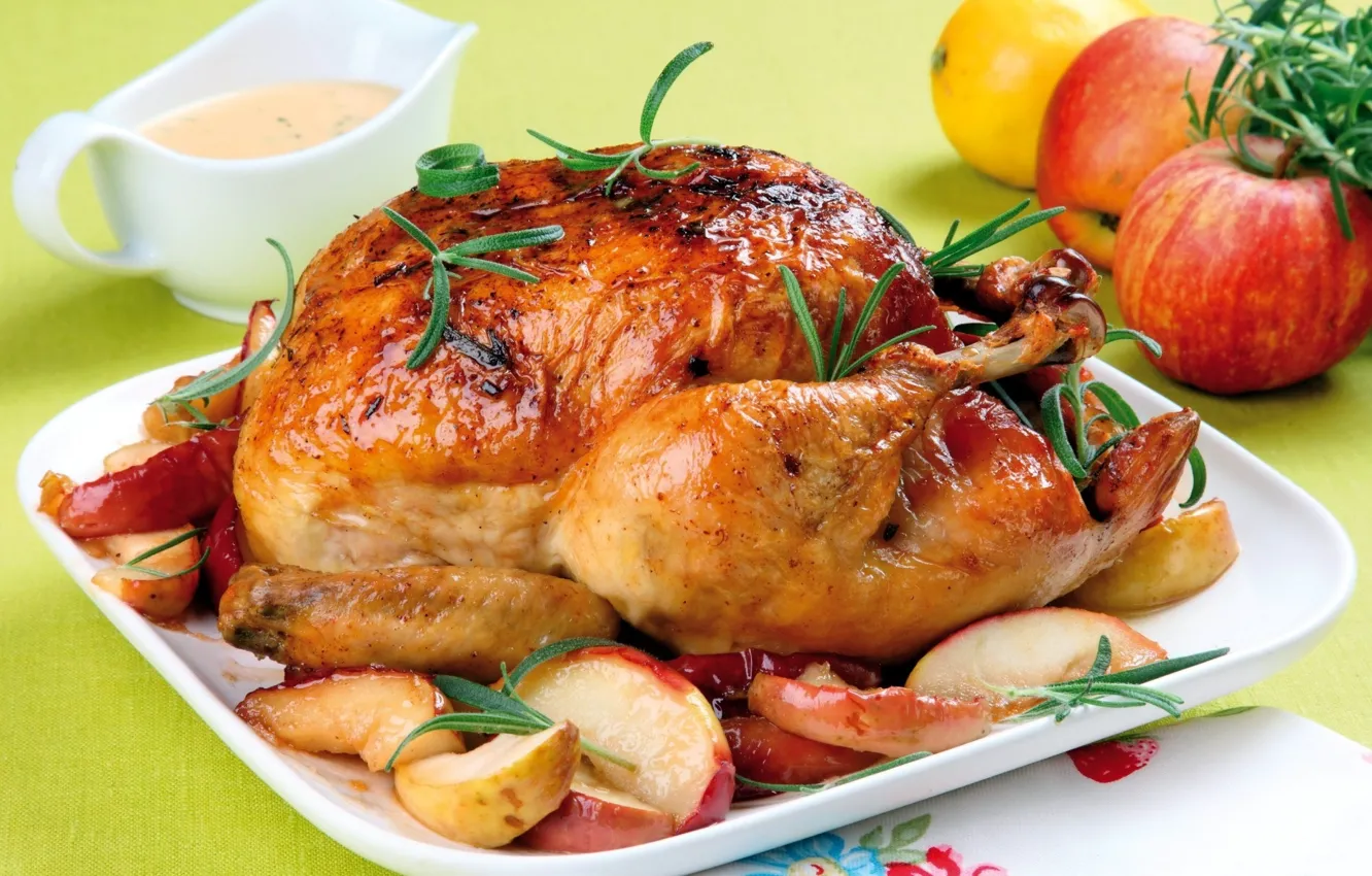 Photo wallpaper apples, chicken, sauce, dish