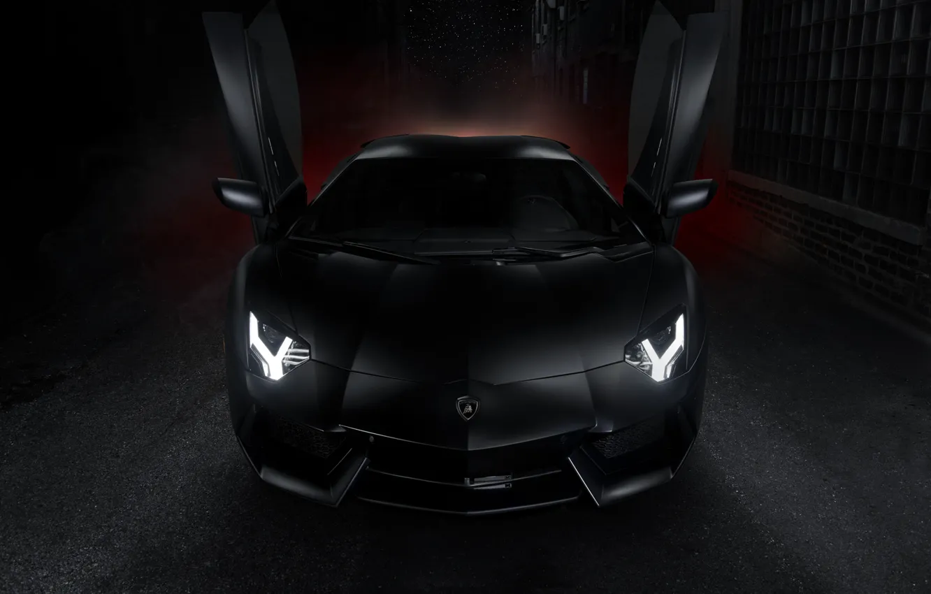 Photo wallpaper Lamborghini, black, Lamborghini, open doors, front, LP700-4, Aventador, aventador