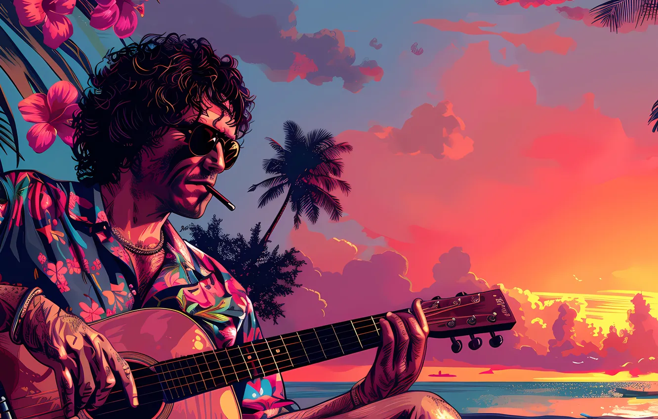 Photo wallpaper sea, the sun, clouds, style, retro, palm trees, dawn, guitar