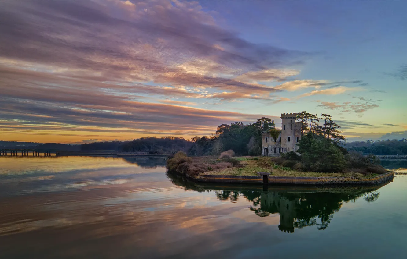Photo wallpaper sunset, lake, castle