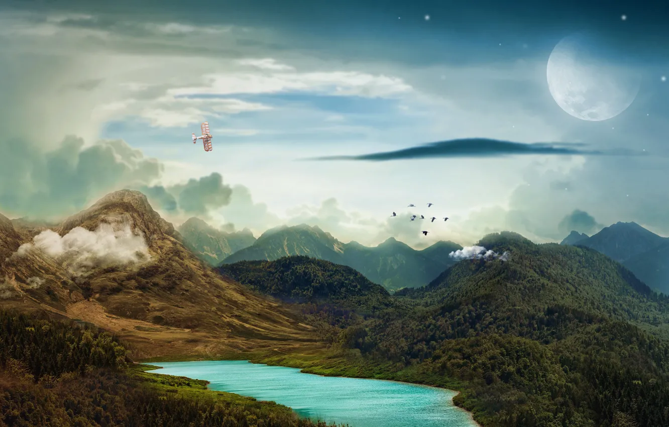 Photo wallpaper forest, the sky, clouds, flight, landscape, mountains, nature, fog
