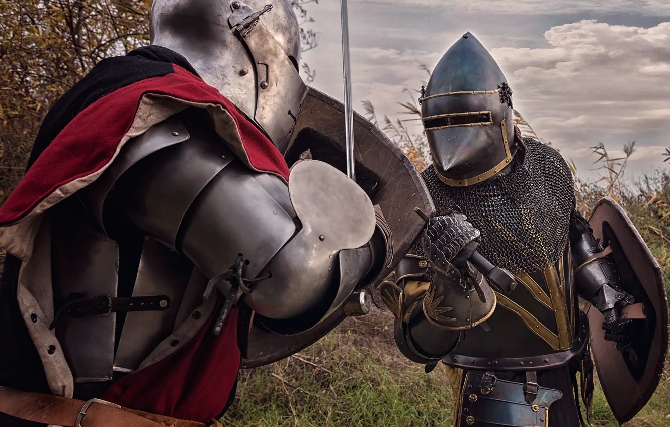 Photo wallpaper metal, background, armor, swords, knights, shields, the fight, hats
