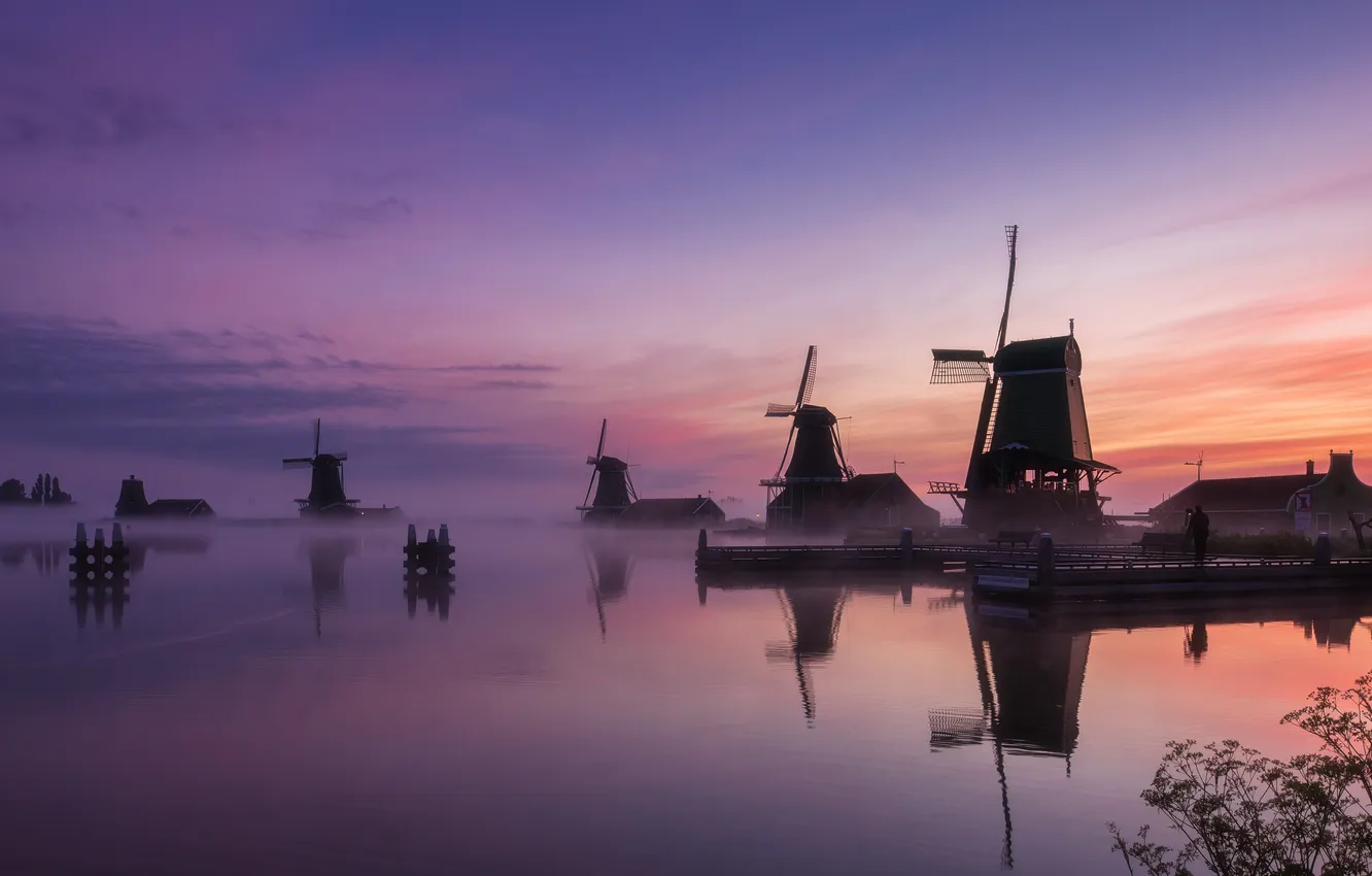 Photo wallpaper sunset, pond, windmills