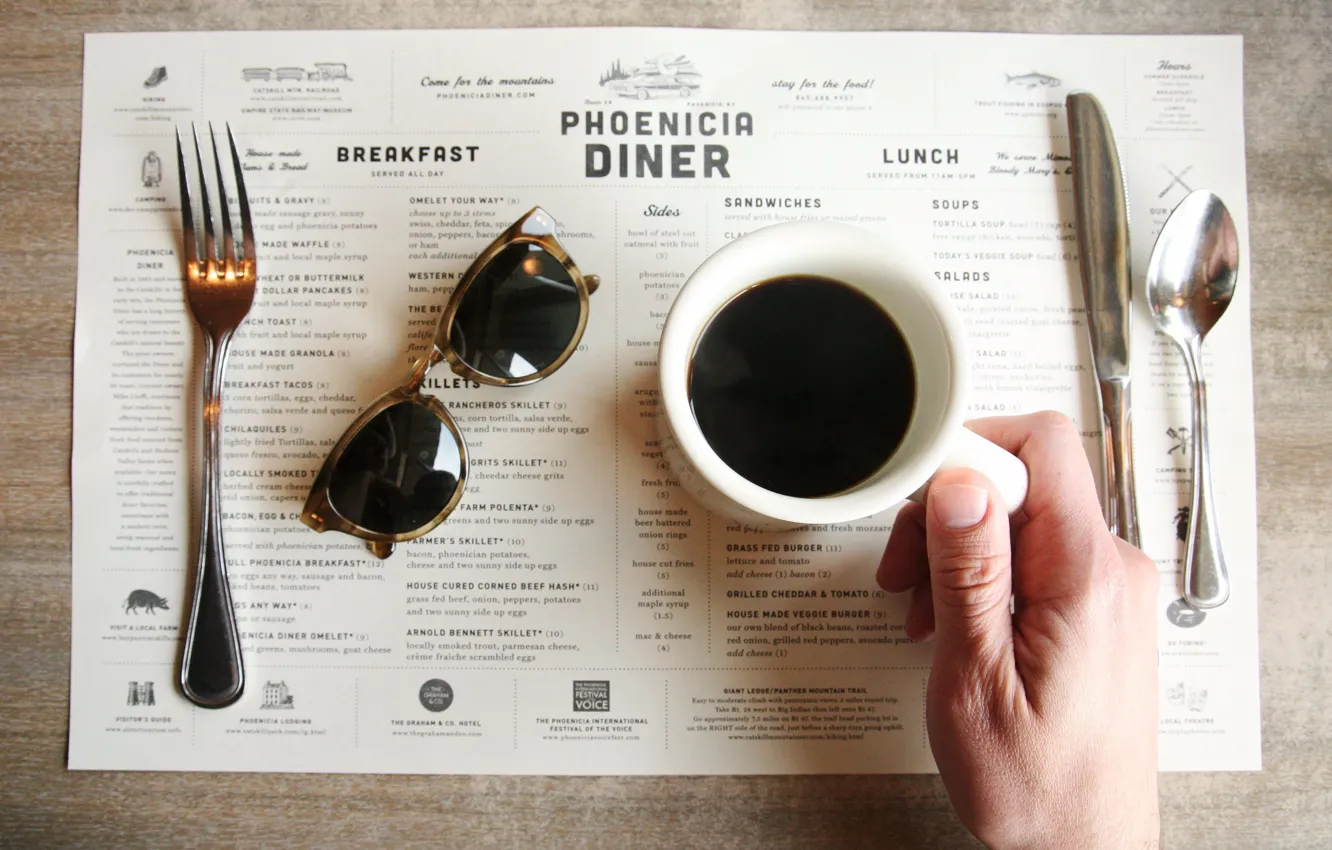 Photo wallpaper table, coffee, hand, glasses, spoon, knife, cafe, plug