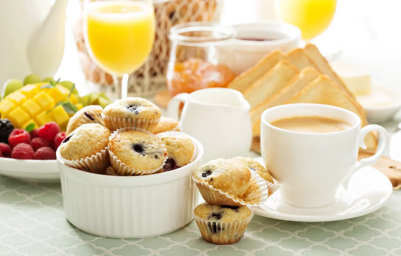 Photo wallpaper coffee, Breakfast, juice, Cup, fruit, jam, cupcakes, toast