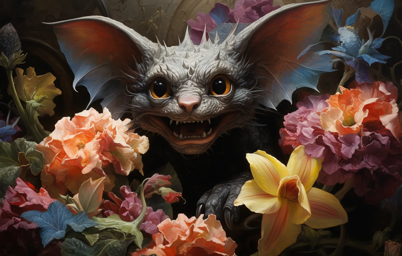 Photo wallpaper flowers, muzzle, bat, ears, teeth, digital art, digital art, artificial intelligence