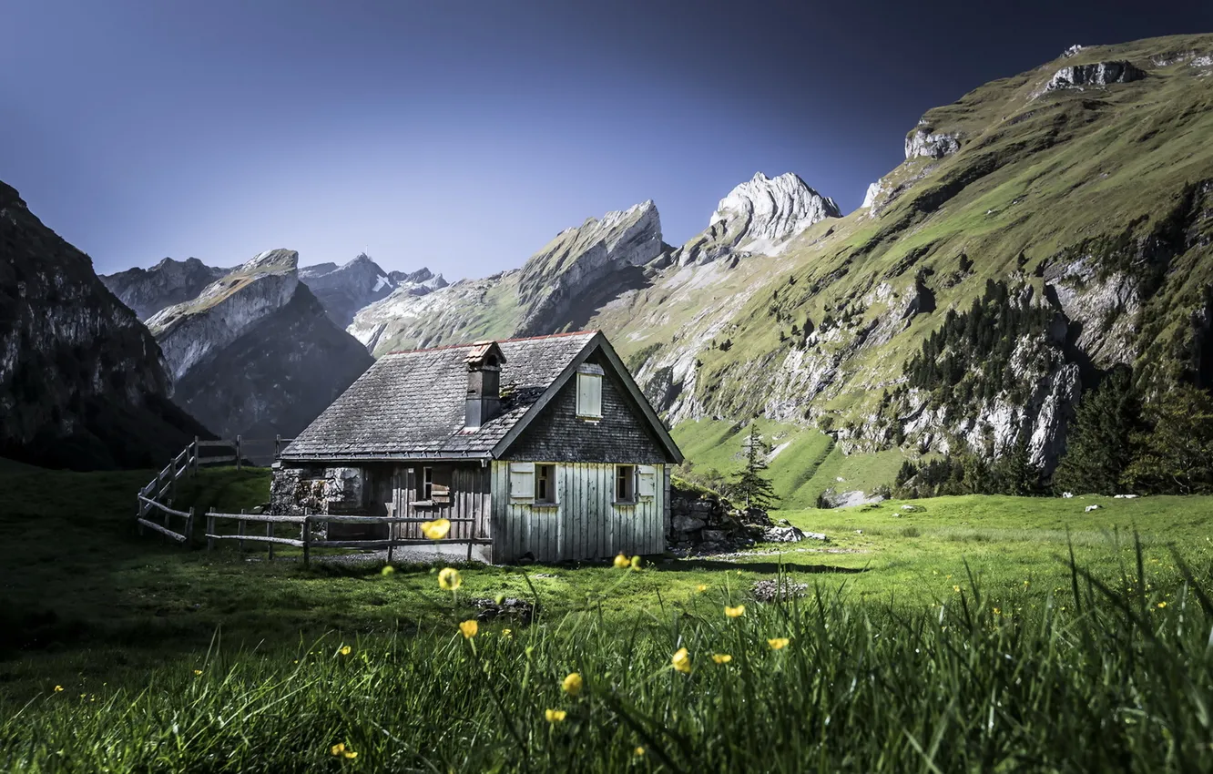 Photo wallpaper landscape, mountains, house